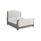 Letto a slitta rivestito in tessuto beige marrone chiaro, testiera capitonné, mobili da camera da letto
