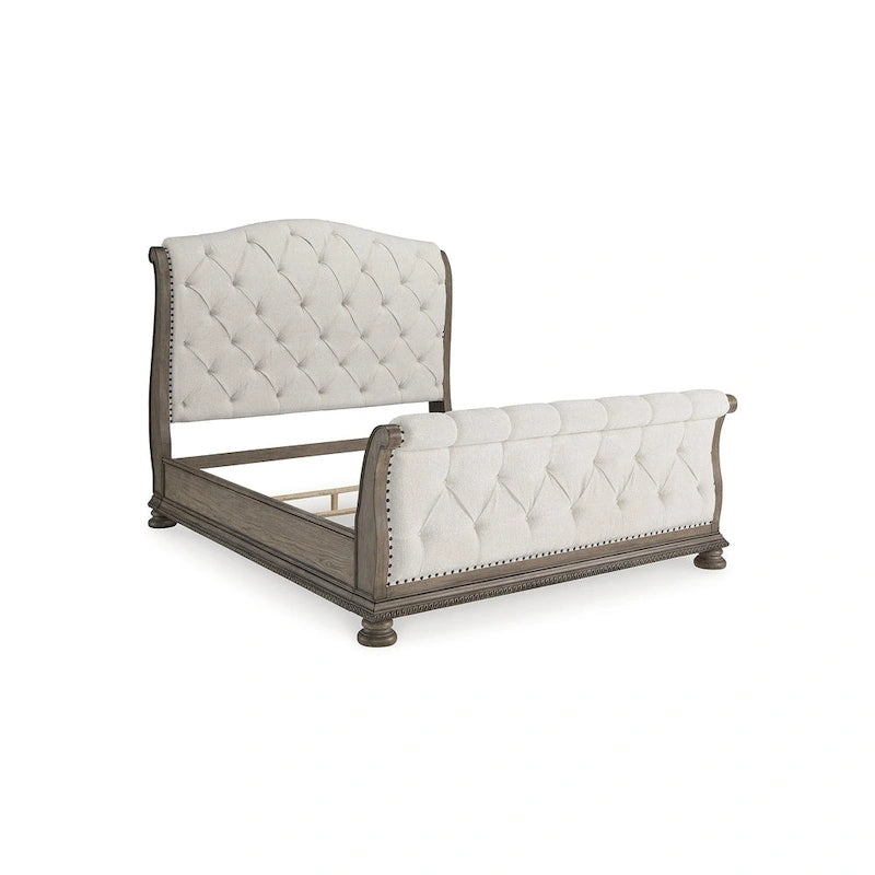 Letto a slitta rivestito in tessuto beige marrone chiaro, testiera capitonné, mobili da camera da letto