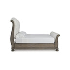 Letto a slitta rivestito in tessuto beige marrone chiaro, testiera capitonné, mobili da camera da letto