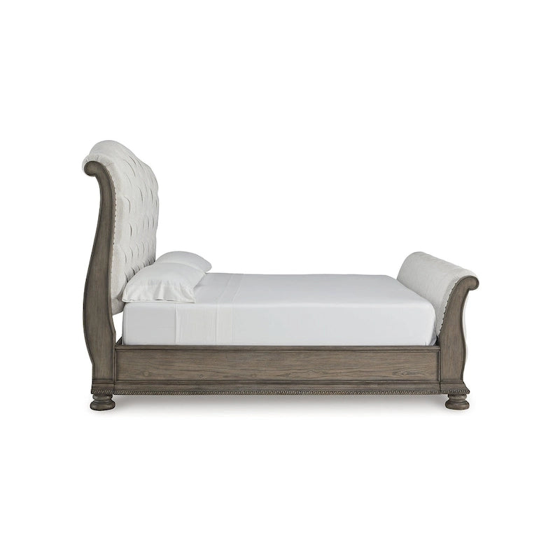 Letto a slitta rivestito in tessuto beige marrone chiaro, testiera capitonné, mobili da camera da letto