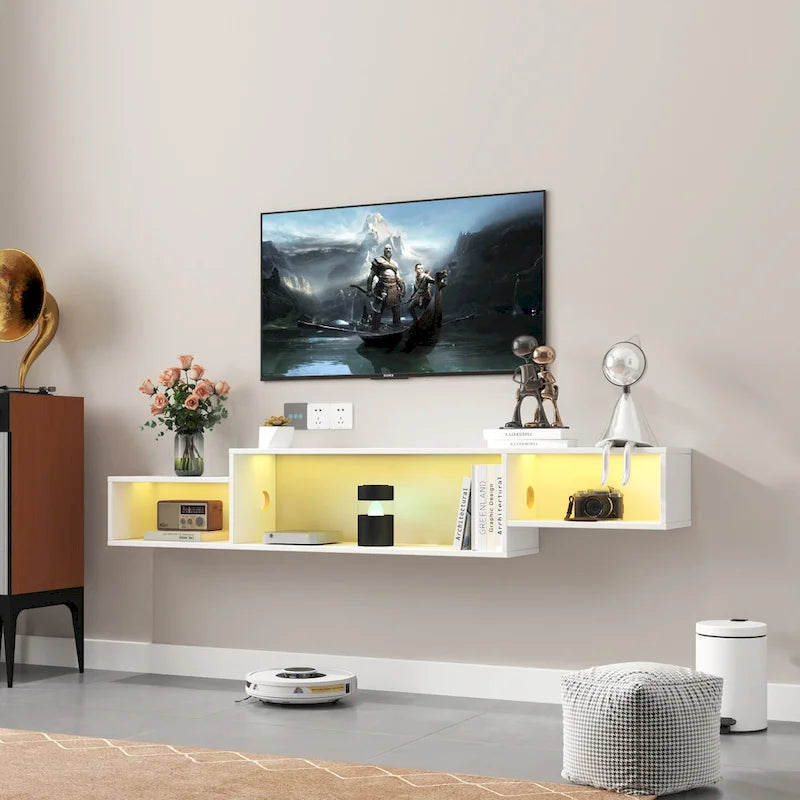 Mobile TV sospeso moderno con 3 ripiani e 20 LED colorati per home theater e ufficio a parete