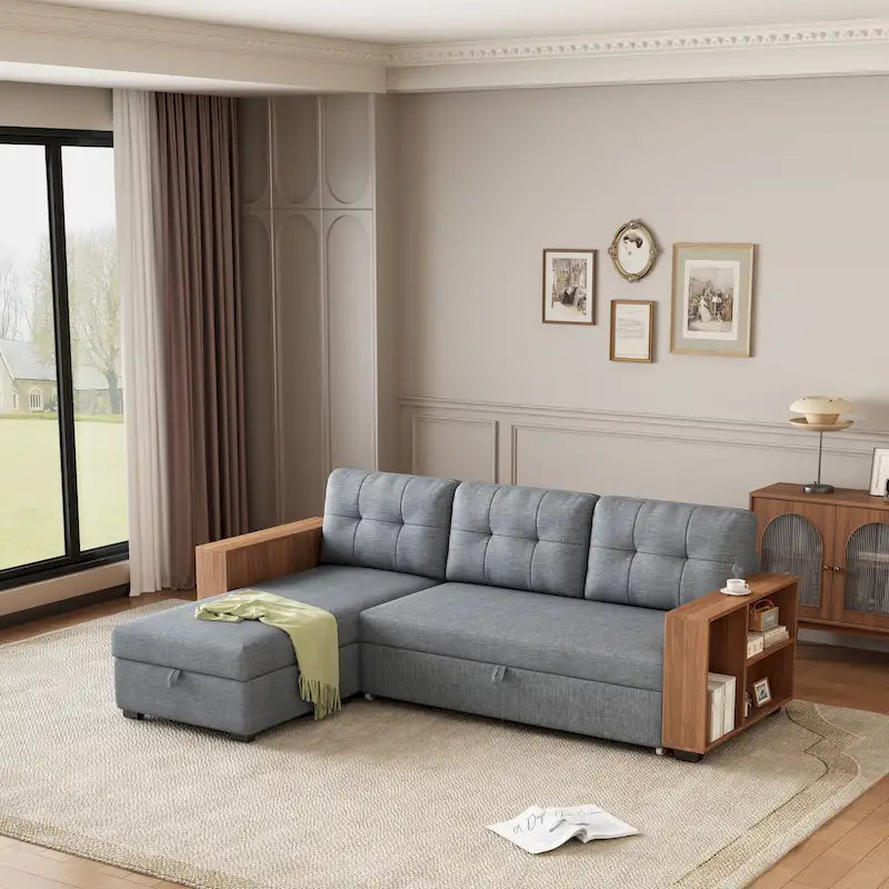Divano angolare trasformabile a 3 posti grigio da 213 cm con chaise longue contenitore e letto estraibile