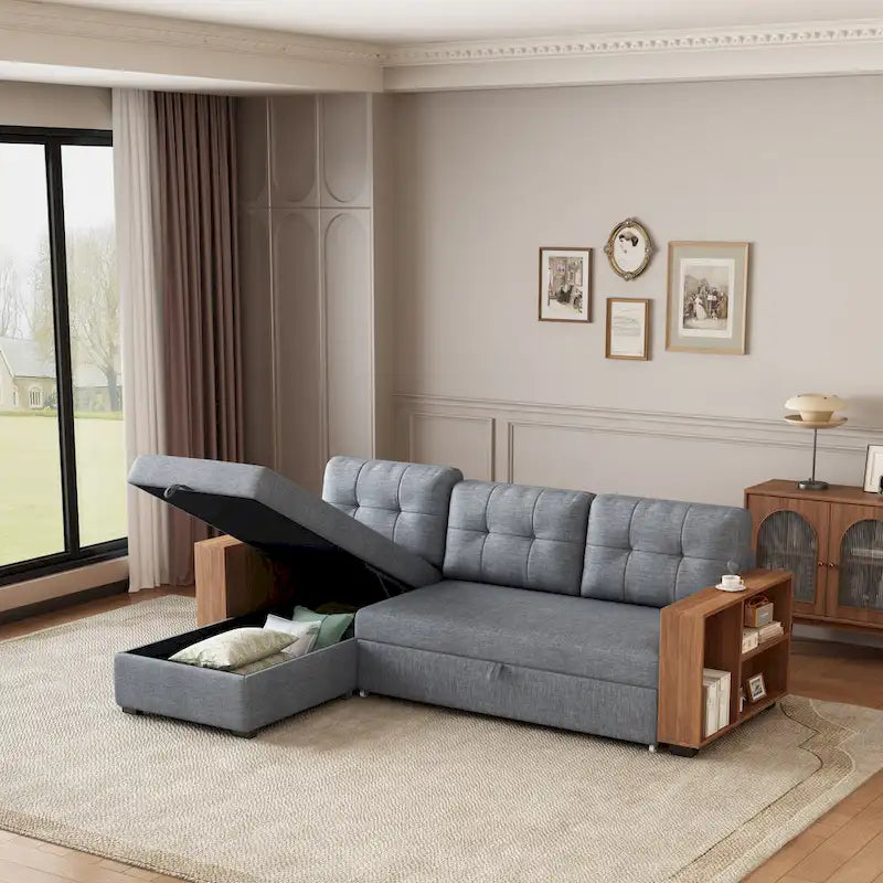 Divano angolare trasformabile a 3 posti grigio da 213 cm con chaise longue contenitore e letto estraibile