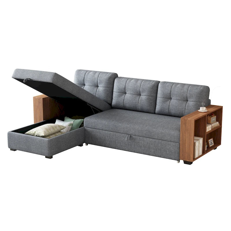 Divano angolare trasformabile a 3 posti grigio da 213 cm con chaise longue contenitore e letto estraibile
