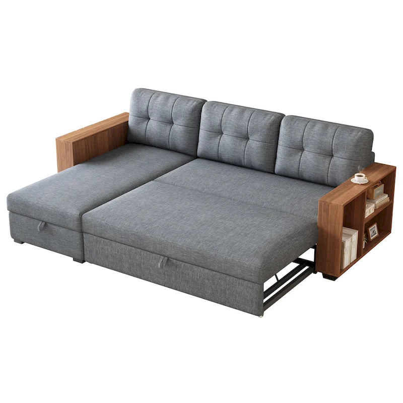 Divano angolare trasformabile a 3 posti grigio da 213 cm con chaise longue contenitore e letto estraibile