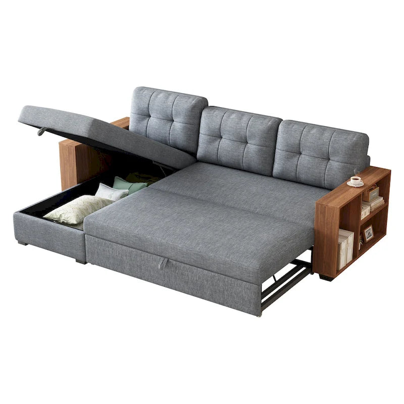 Divano angolare trasformabile a 3 posti grigio da 213 cm con chaise longue contenitore e letto estraibile