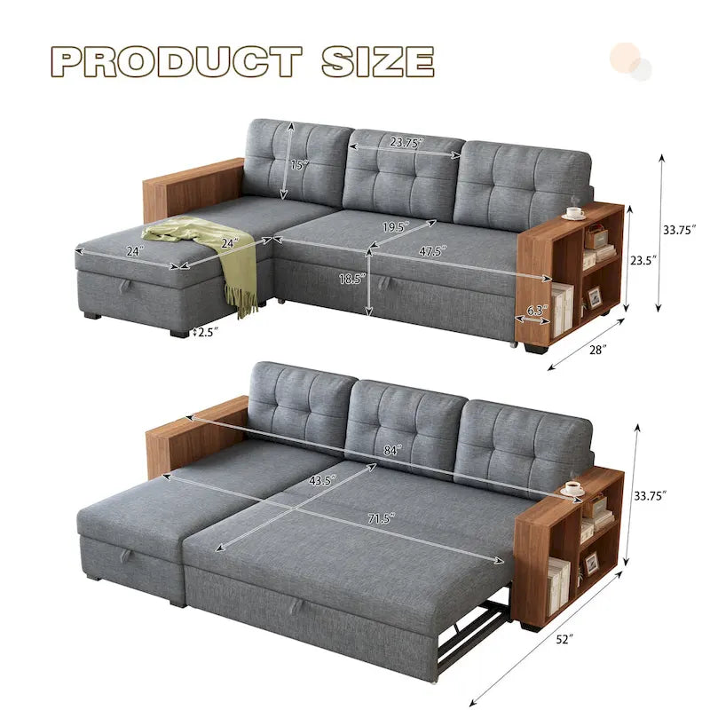Divano angolare trasformabile a 3 posti grigio da 213 cm con chaise longue contenitore e letto estraibile
