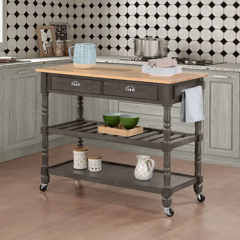 Carrello da cucina a 3 livelli stile "French Country" con ceppo e cassetti | Contenitore in legno