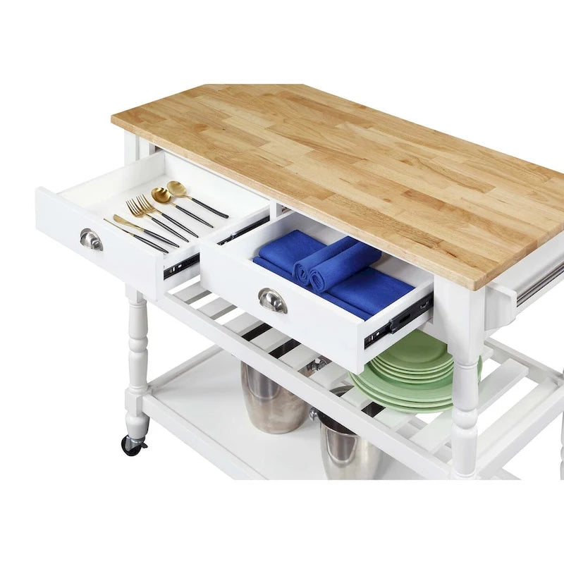 Carrello da cucina a 3 livelli stile "French Country" con ceppo e cassetti | Contenitore in legno