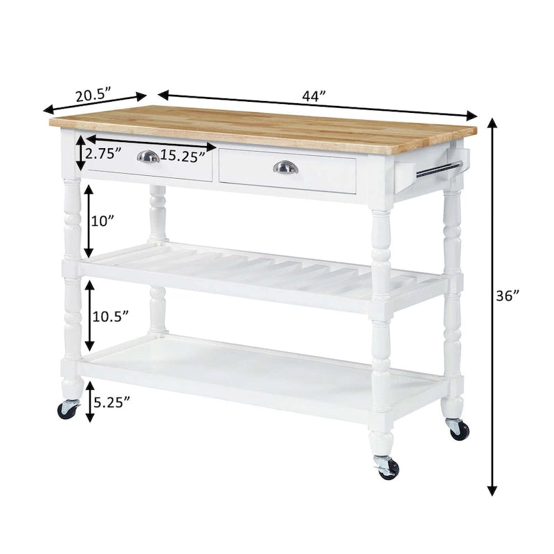 Carrello da cucina a 3 livelli stile "French Country" con ceppo e cassetti | Contenitore in legno