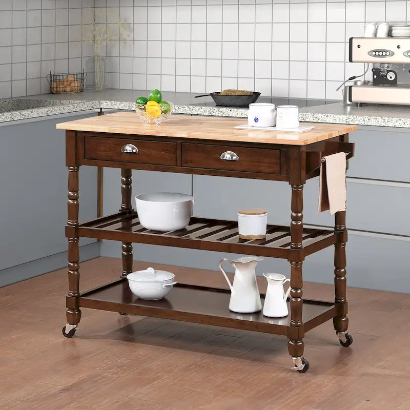 Carrello da cucina a 3 livelli stile "French Country" con ceppo e cassetti | Contenitore in legno