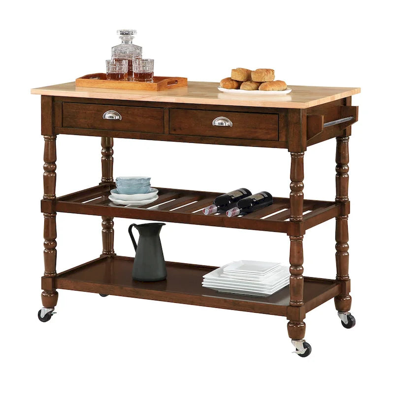 Carrello da cucina a 3 livelli stile "French Country" con ceppo e cassetti | Contenitore in legno