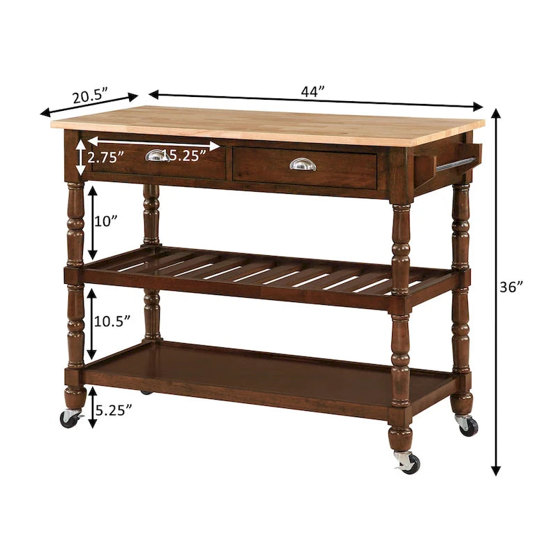 Carrello da cucina a 3 livelli stile "French Country" con ceppo e cassetti | Contenitore in legno