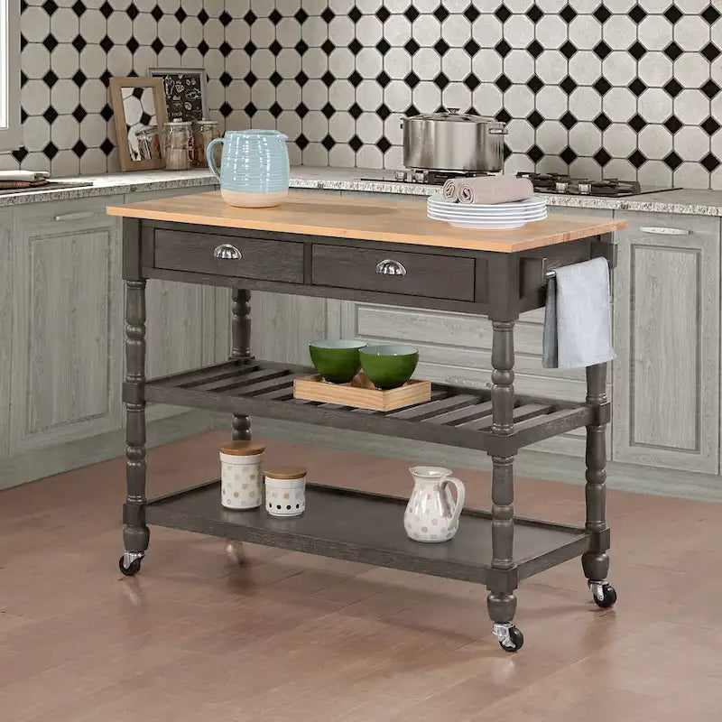 Carrello da cucina a 3 livelli stile "French Country" con ceppo e cassetti | Contenitore in legno