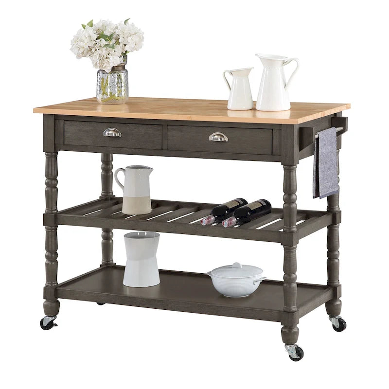 Carrello da cucina a 3 livelli stile "French Country" con ceppo e cassetti | Contenitore in legno