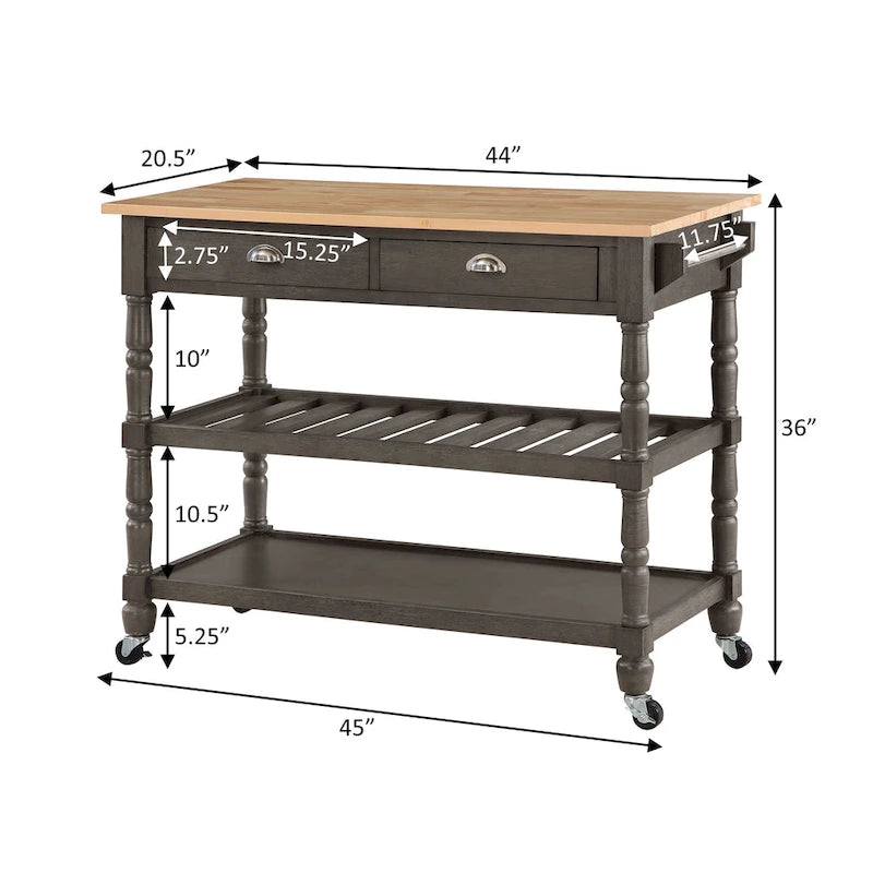 Carrello da cucina a 3 livelli stile "French Country" con ceppo e cassetti | Contenitore in legno
