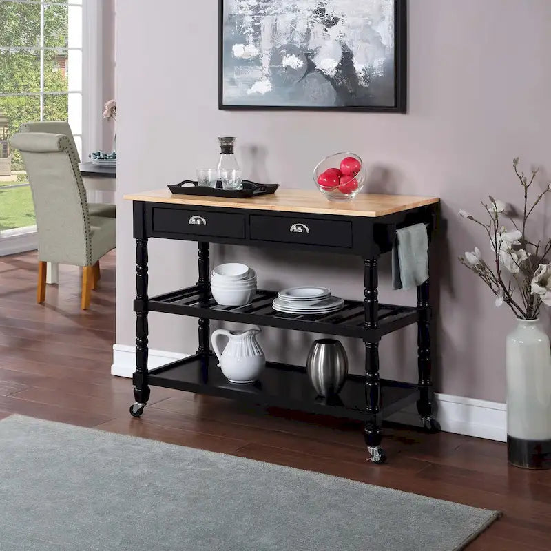Carrello da cucina a 3 livelli stile "French Country" con ceppo e cassetti | Contenitore in legno