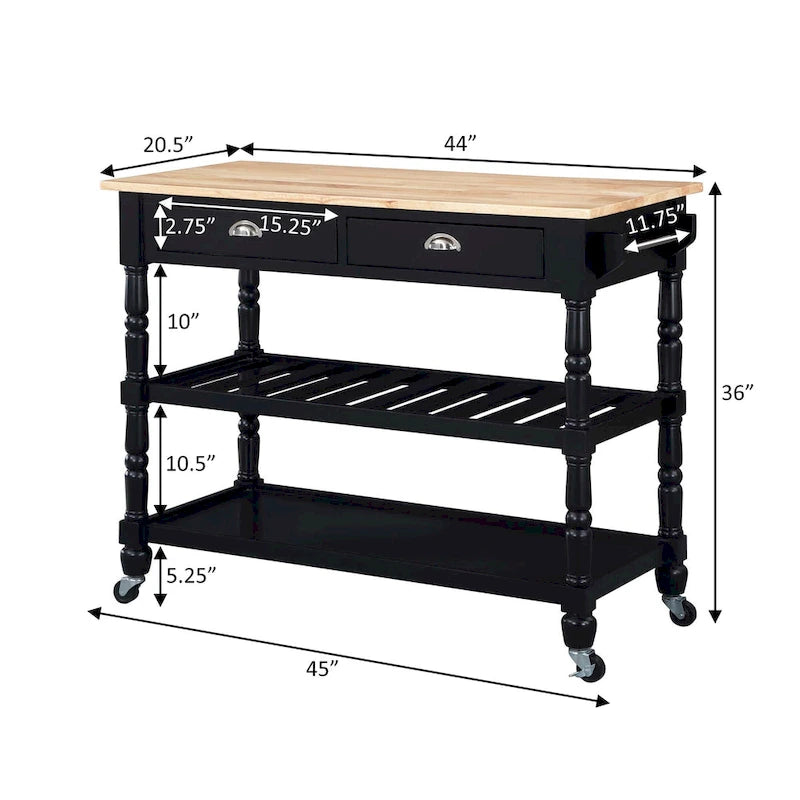 Carrello da cucina a 3 livelli stile "French Country" con ceppo e cassetti | Contenitore in legno