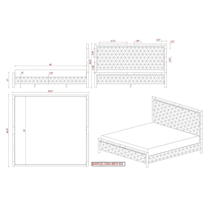 Set camera da letto imbottito | Struttura letto, cassettiera e comodino | Mobili completi per camera da letto