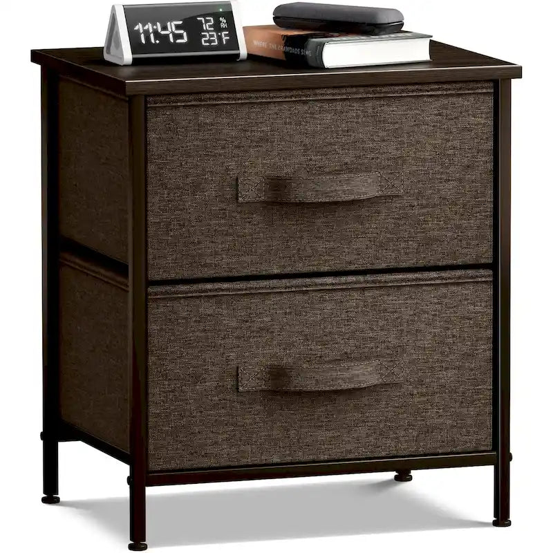 Comodino con 2 cassetti, mobile organizer con struttura in acciaio, ripiano in legno e cassetti in tessuto