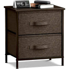 Comodino con 2 cassetti, mobile organizer con struttura in acciaio, ripiano in legno e cassetti in tessuto