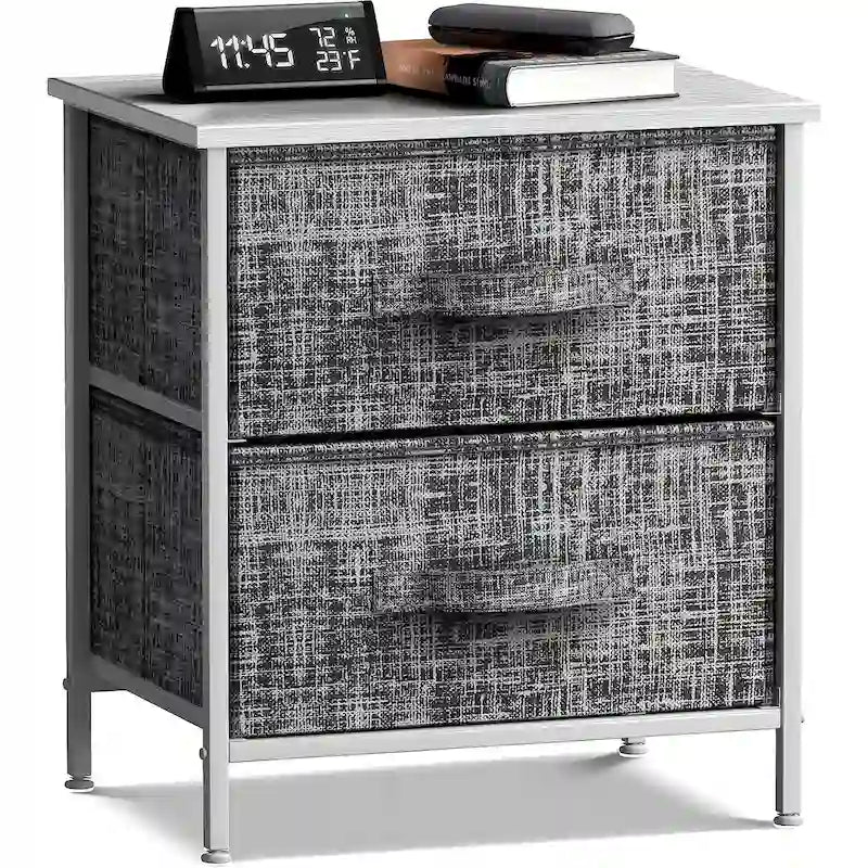 Comodino con 2 cassetti, mobile organizer con struttura in acciaio, ripiano in legno e cassetti in tessuto