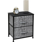 Comodino con 2 cassetti, mobile organizer con struttura in acciaio, ripiano in legno e cassetti in tessuto