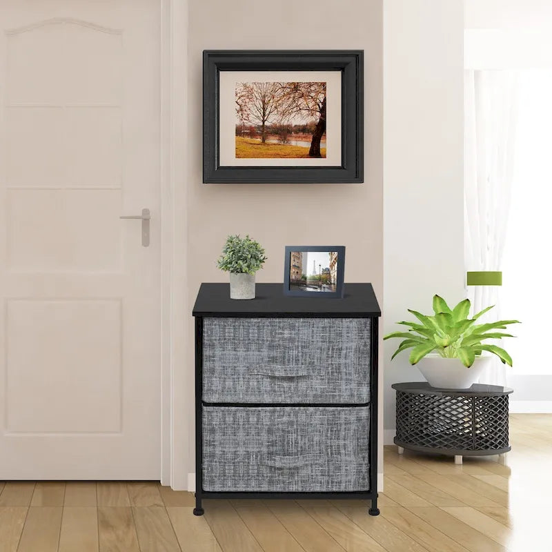 Comodino con 2 cassetti, mobile organizer con struttura in acciaio, ripiano in legno e cassetti in tessuto
