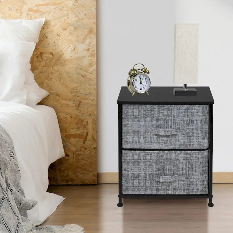 Comodino con 2 cassetti, mobile organizer con struttura in acciaio, ripiano in legno e cassetti in tessuto