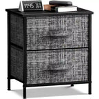 Comodino con 2 cassetti, mobile organizer con struttura in acciaio, ripiano in legno e cassetti in tessuto