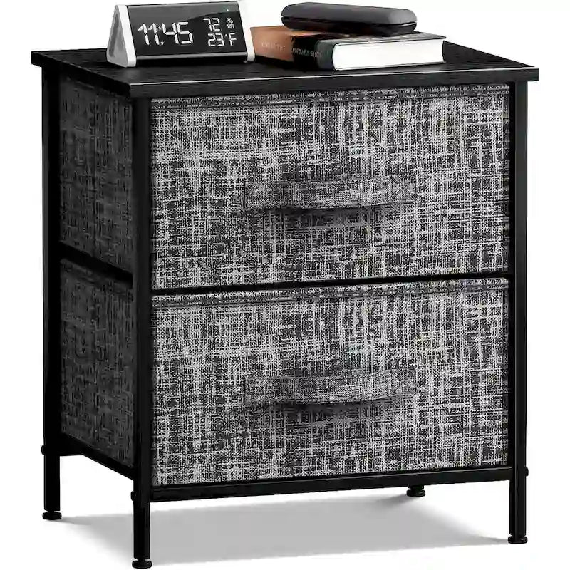 Comodino con 2 cassetti, mobile organizer con struttura in acciaio, ripiano in legno e cassetti in tessuto