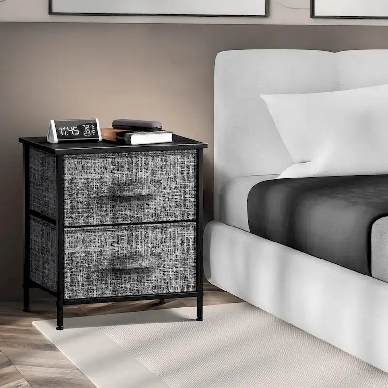 Comodino con 2 cassetti, mobile organizer con struttura in acciaio, ripiano in legno e cassetti in tessuto