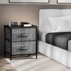 Comodino con 2 cassetti, mobile organizer con struttura in acciaio, ripiano in legno e cassetti in tessuto