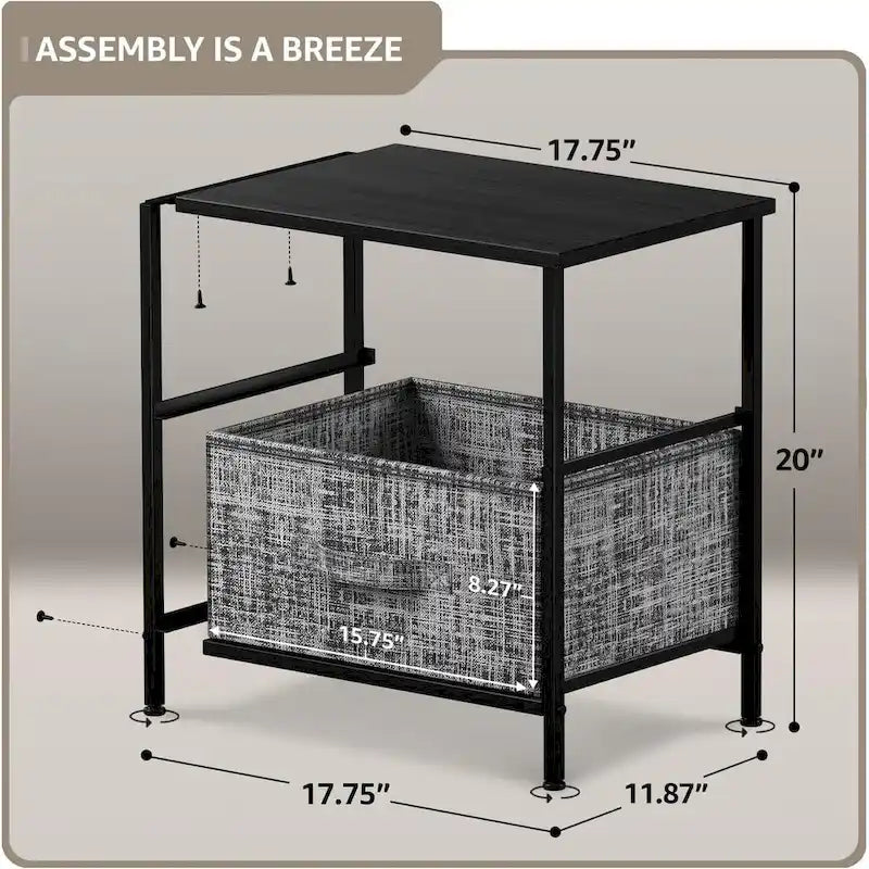 Comodino con 2 cassetti, mobile organizer con struttura in acciaio, ripiano in legno e cassetti in tessuto