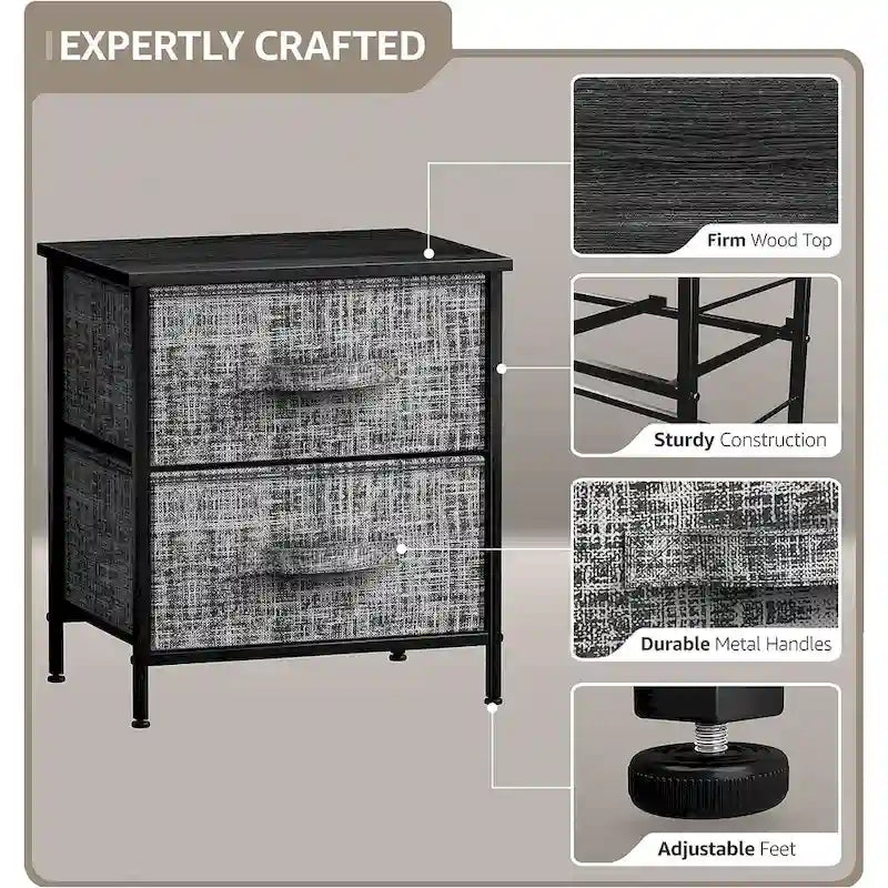 Comodino con 2 cassetti, mobile organizer con struttura in acciaio, ripiano in legno e cassetti in tessuto