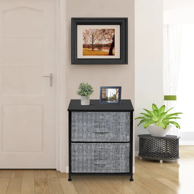 Comodino con 2 cassetti, mobile organizer con struttura in acciaio, ripiano in legno e cassetti in tessuto