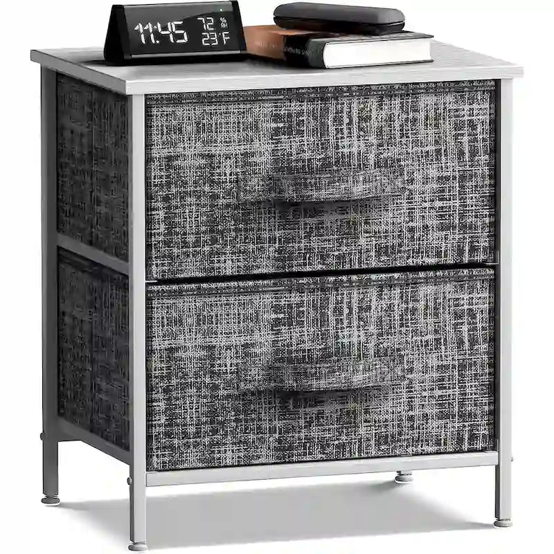 Comodino con 2 cassetti, mobile organizer con struttura in acciaio, ripiano in legno e cassetti in tessuto