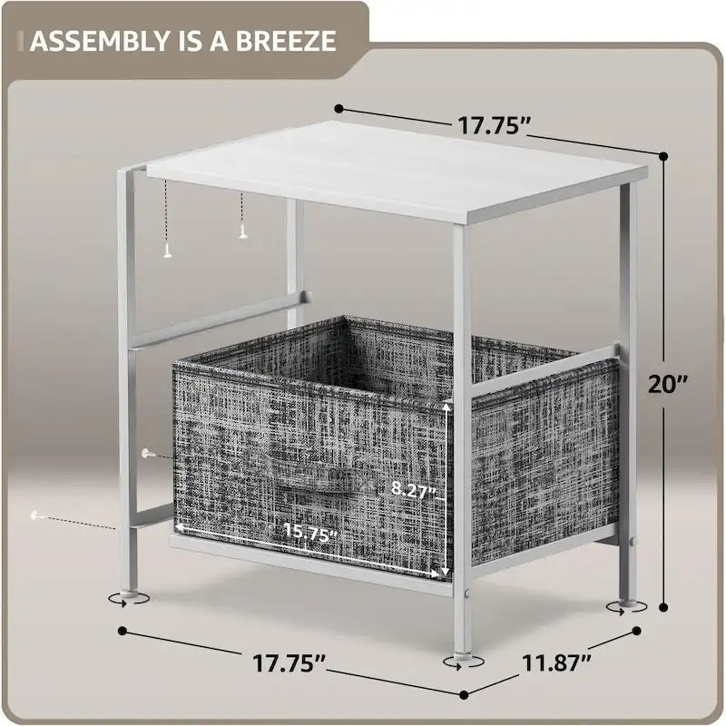 Comodino con 2 cassetti, mobile organizer con struttura in acciaio, ripiano in legno e cassetti in tessuto
