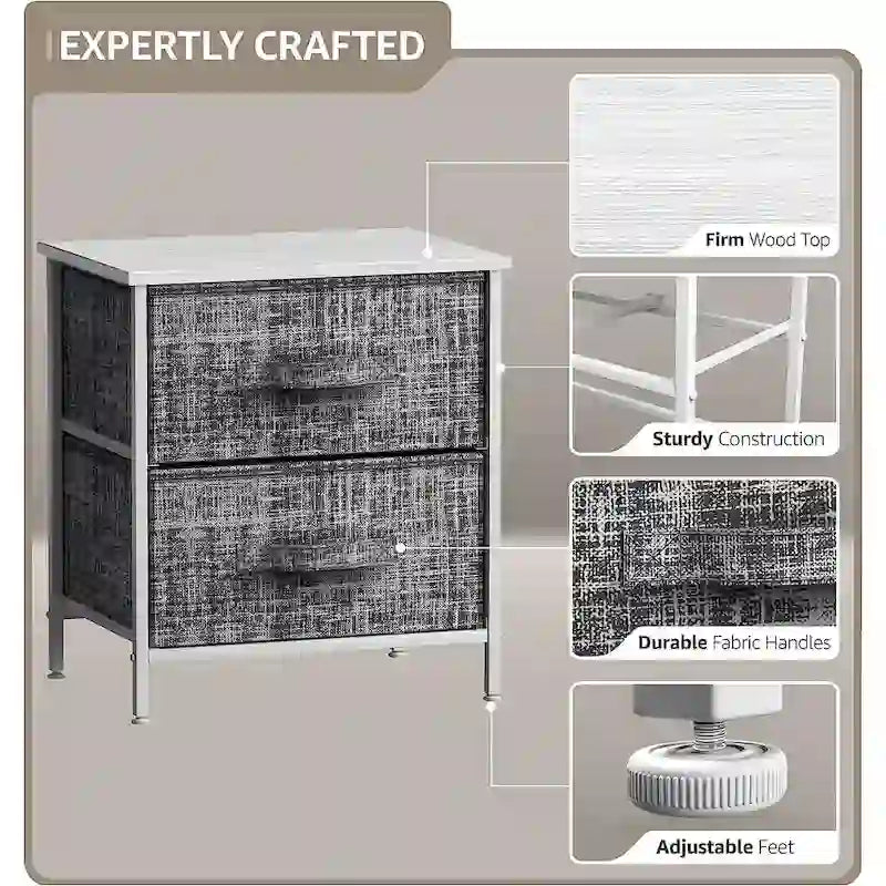 Comodino con 2 cassetti, mobile organizer con struttura in acciaio, ripiano in legno e cassetti in tessuto