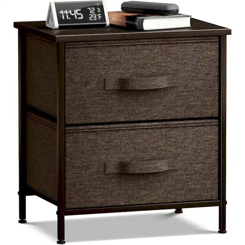 Comodino con 2 cassetti, mobile organizer con struttura in acciaio, ripiano in legno e cassetti in tessuto