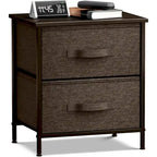 Comodino con 2 cassetti, mobile organizer con struttura in acciaio, ripiano in legno e cassetti in tessuto