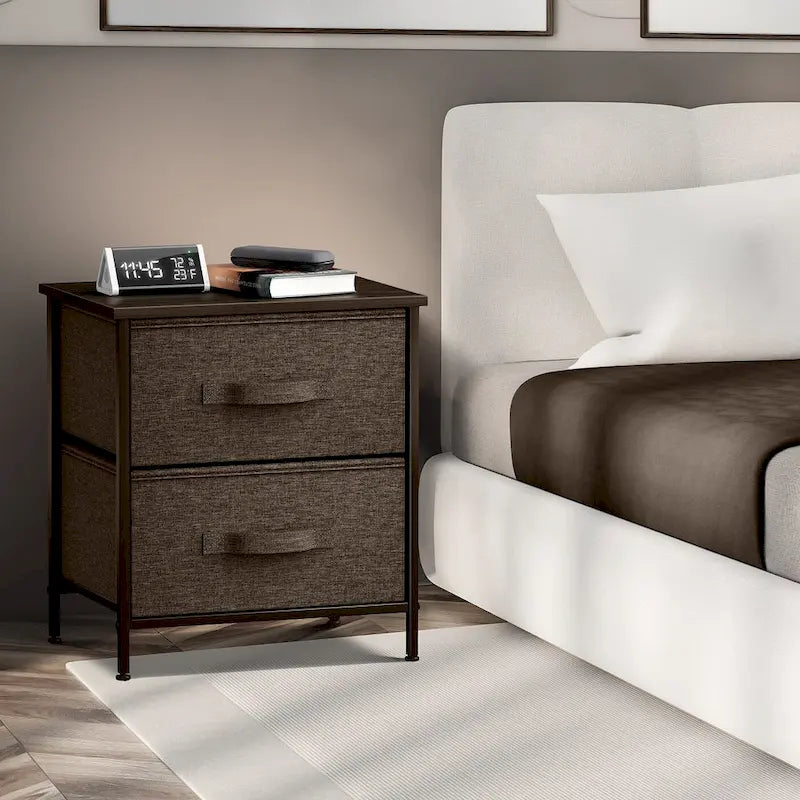 Comodino con 2 cassetti, mobile organizer con struttura in acciaio, ripiano in legno e cassetti in tessuto