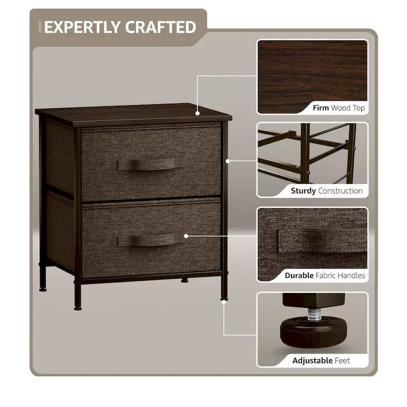 Comodino con 2 cassetti, mobile organizer con struttura in acciaio, ripiano in legno e cassetti in tessuto