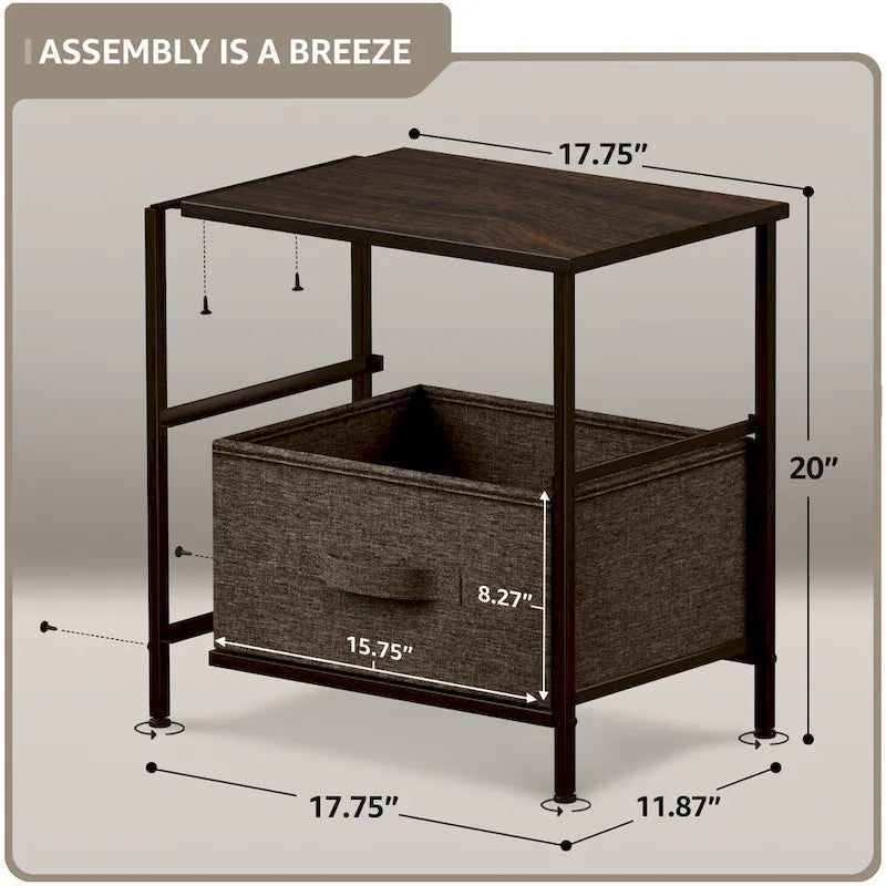 Comodino con 2 cassetti, mobile organizer con struttura in acciaio, ripiano in legno e cassetti in tessuto