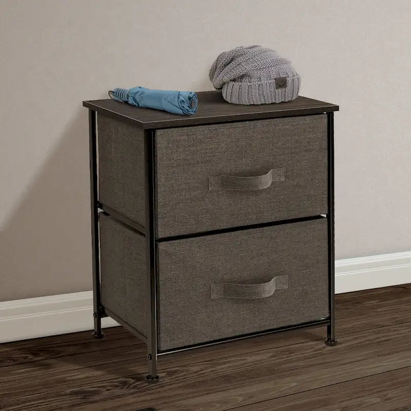 Comodino con 2 cassetti, mobile organizer con struttura in acciaio, ripiano in legno e cassetti in tessuto