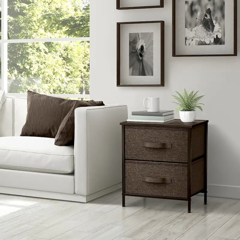 Comodino con 2 cassetti, mobile organizer con struttura in acciaio, ripiano in legno e cassetti in tessuto