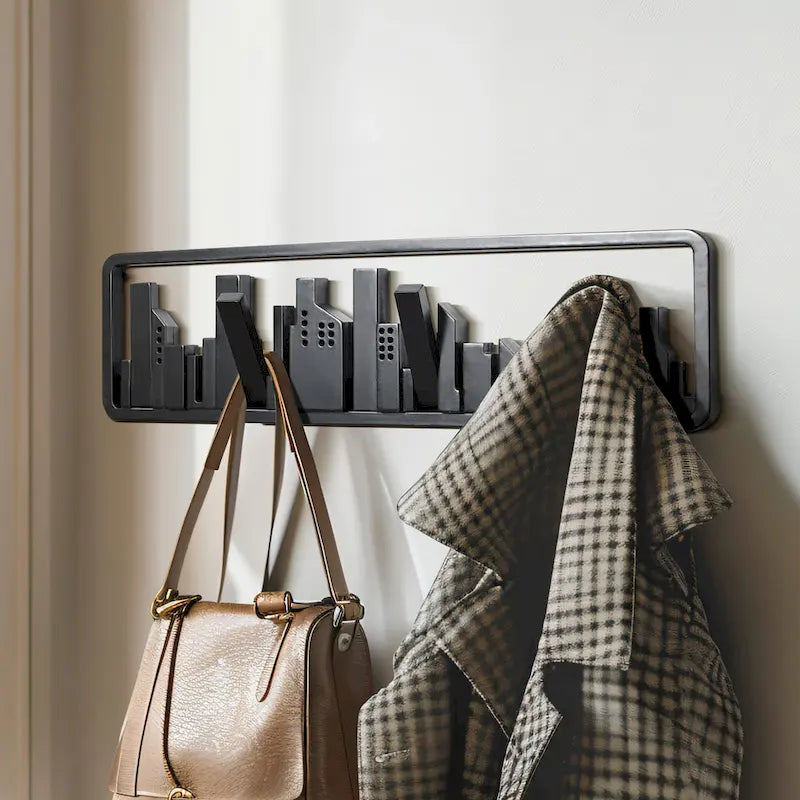 Black Wood 4-Hook Wall-Mounted Coat and Towel Rack - 22.3 Wide