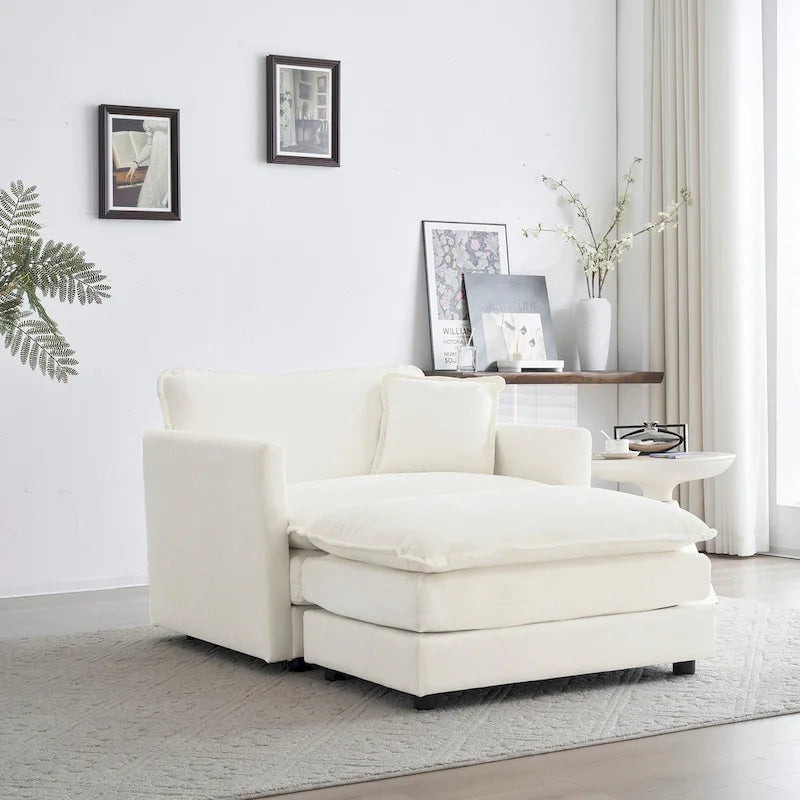 Poltrona moderna con pouf, poltrona club per soggiorno, poltrona imbottita in ciniglia, poltrona da lettura per camera da letto, bianca