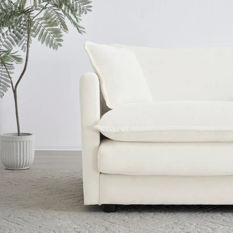 Poltrona moderna con pouf, poltrona club per soggiorno, poltrona imbottita in ciniglia, poltrona da lettura per camera da letto, bianca