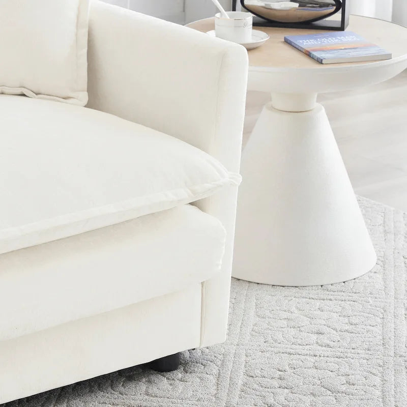 Poltrona moderna con pouf, poltrona club per soggiorno, poltrona imbottita in ciniglia, poltrona da lettura per camera da letto, bianca